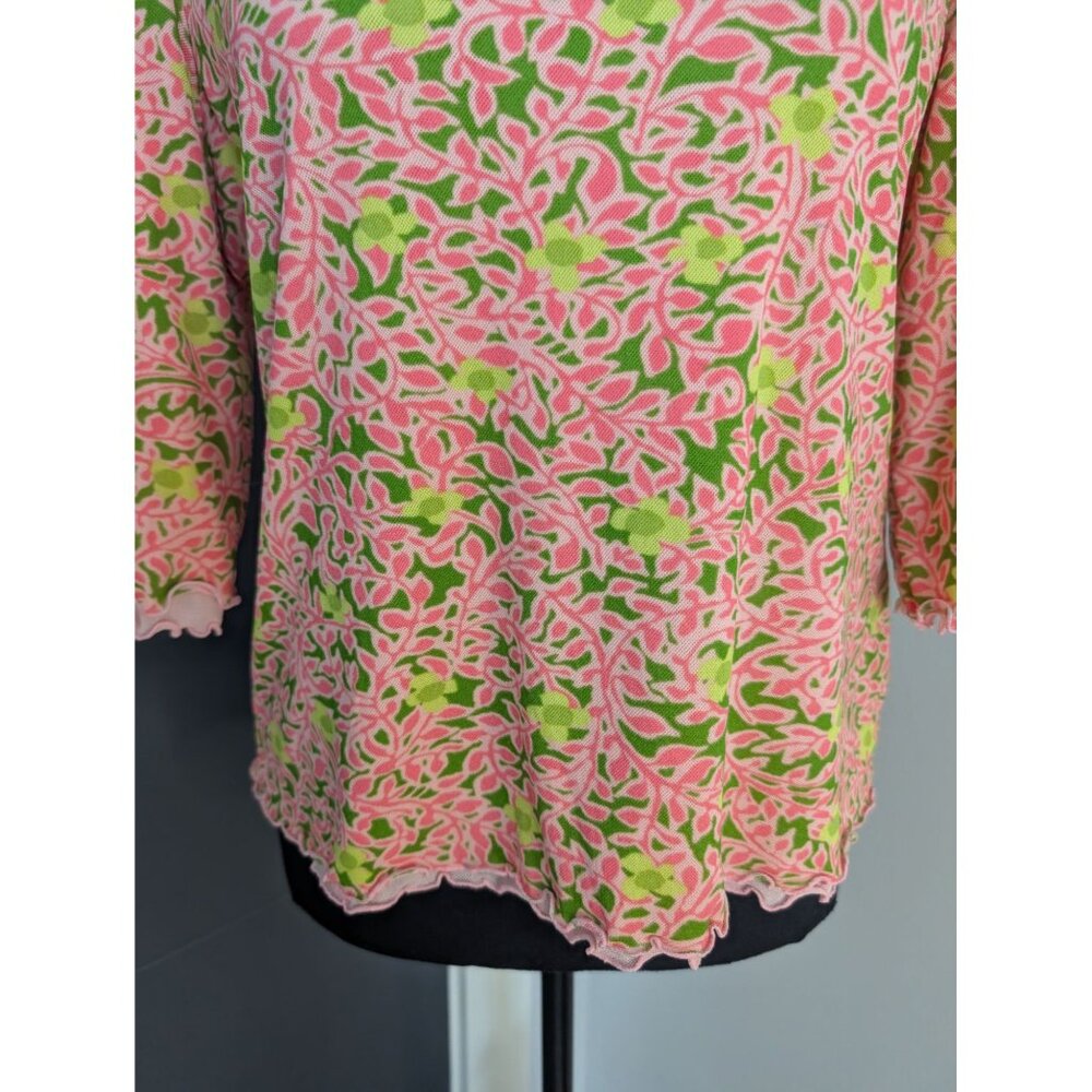 Sigrid Olsen Pink & Green Layered Mesh Lettuce Hem Floral Top - Petite L - Picture 2 of 10